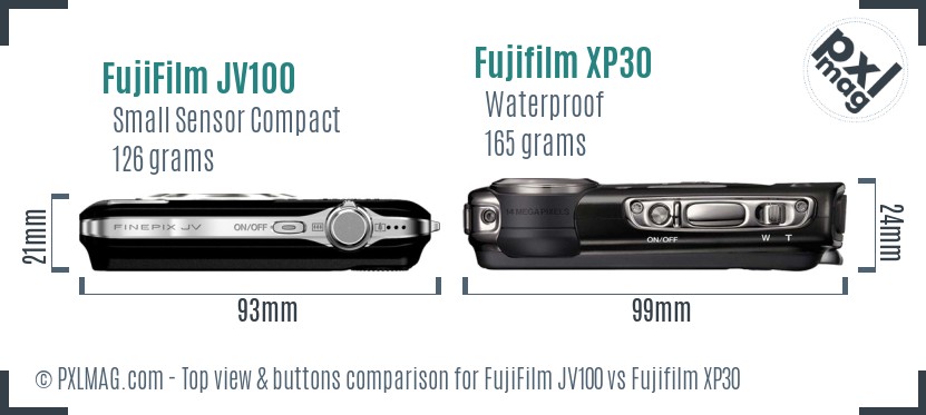 FujiFilm JV100 vs Fujifilm XP30 top view buttons comparison
