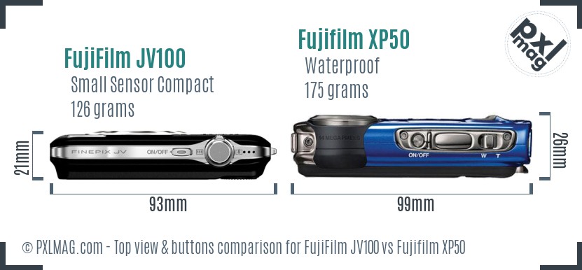 FujiFilm JV100 vs Fujifilm XP50 top view buttons comparison