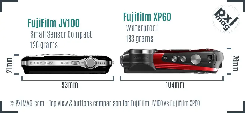 FujiFilm JV100 vs Fujifilm XP60 top view buttons comparison FujiFilm JV100 vs Fujifilm XP60 top view buttons comparison