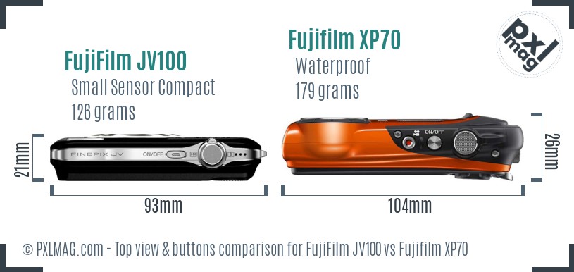 FujiFilm JV100 vs Fujifilm XP70 top view buttons comparison