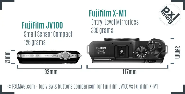 FujiFilm JV100 vs Fujifilm X-M1 top view buttons comparison