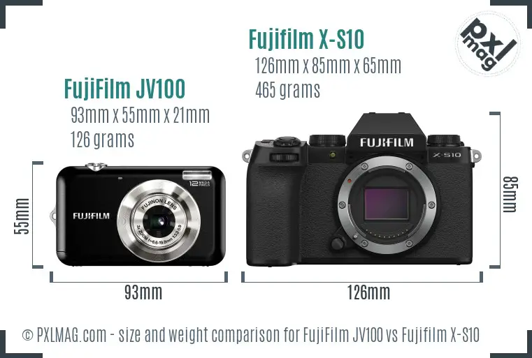 FujiFilm JV100 vs Fujifilm X-S10 size comparison