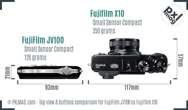 FujiFilm JV100 vs Fujifilm X10 top view buttons comparison FujiFilm JV100 vs Fujifilm X10 top view buttons comparison