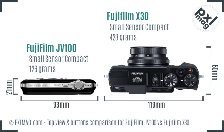 FujiFilm JV100 vs Fujifilm X30 top view buttons comparison