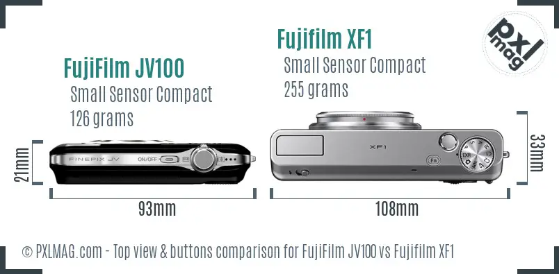 FujiFilm JV100 vs Fujifilm XF1 top view buttons comparison