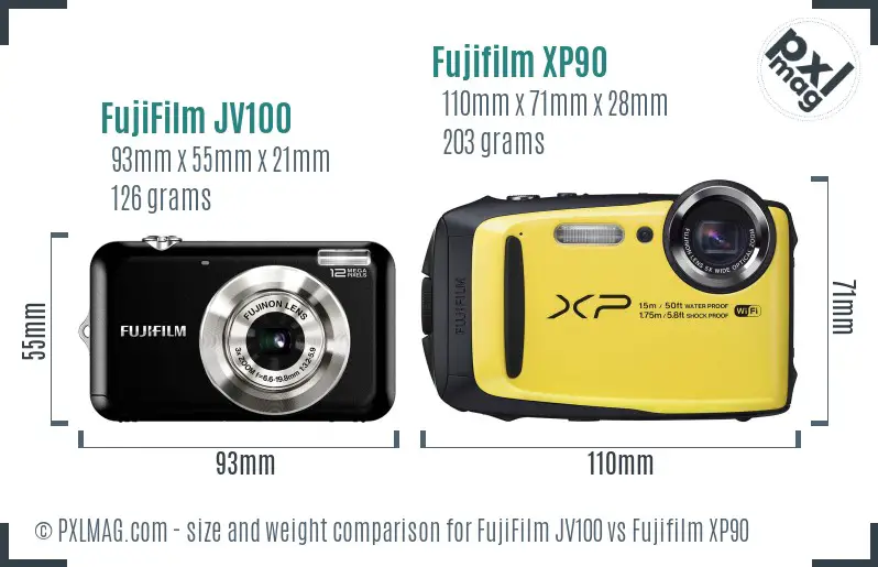 FujiFilm JV100 vs Fujifilm XP90 size comparison