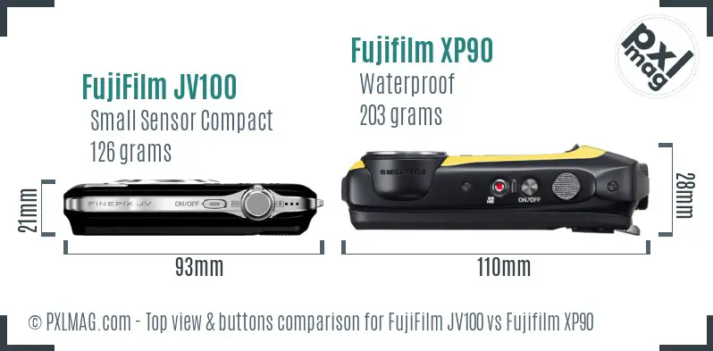 FujiFilm JV100 vs Fujifilm XP90 top view buttons comparison