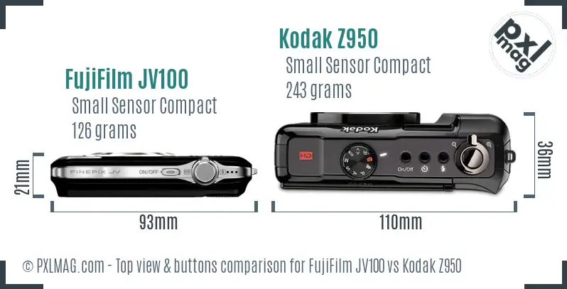 FujiFilm JV100 vs Kodak Z950 top view buttons comparison