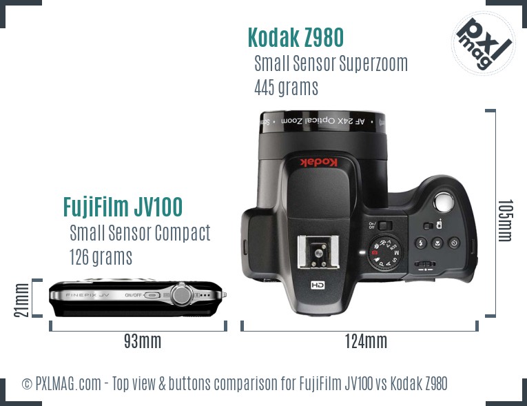 FujiFilm JV100 vs Kodak Z980 top view buttons comparison