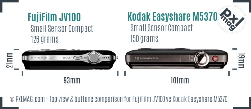 FujiFilm JV100 vs Kodak Easyshare M5370 top view buttons comparison