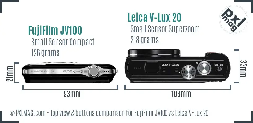 FujiFilm JV100 vs Leica V-Lux 20 top view buttons comparison