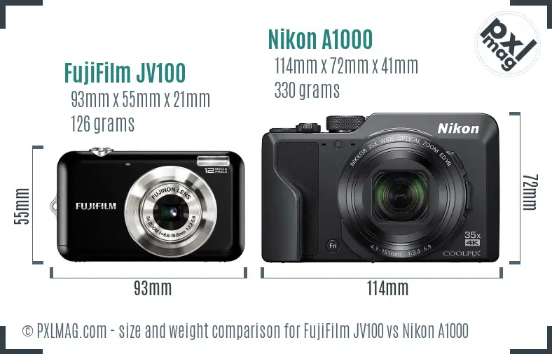 FujiFilm JV100 vs Nikon A1000 size comparison