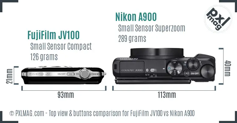 FujiFilm JV100 vs Nikon A900 top view buttons comparison