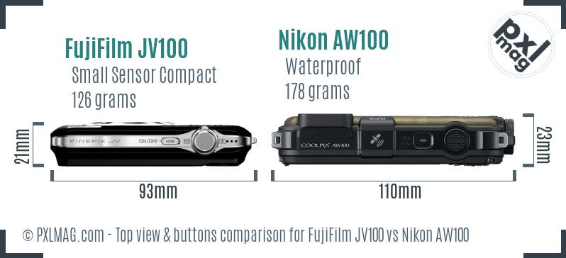 FujiFilm JV100 vs Nikon AW100 top view buttons comparison
