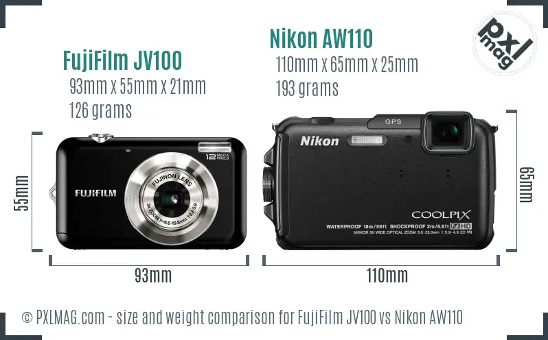 FujiFilm JV100 vs Nikon AW110 size comparison