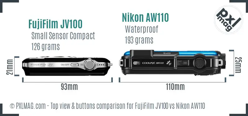 FujiFilm JV100 vs Nikon AW110 top view buttons comparison