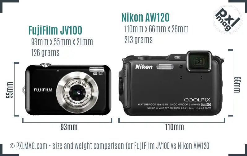 FujiFilm JV100 vs Nikon AW120 size comparison