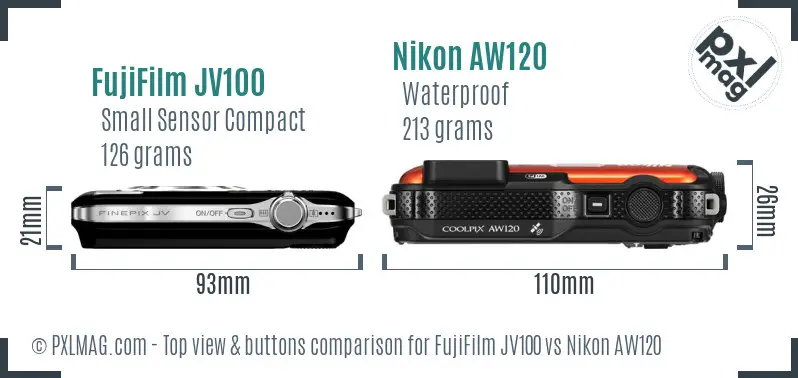 FujiFilm JV100 vs Nikon AW120 top view buttons comparison