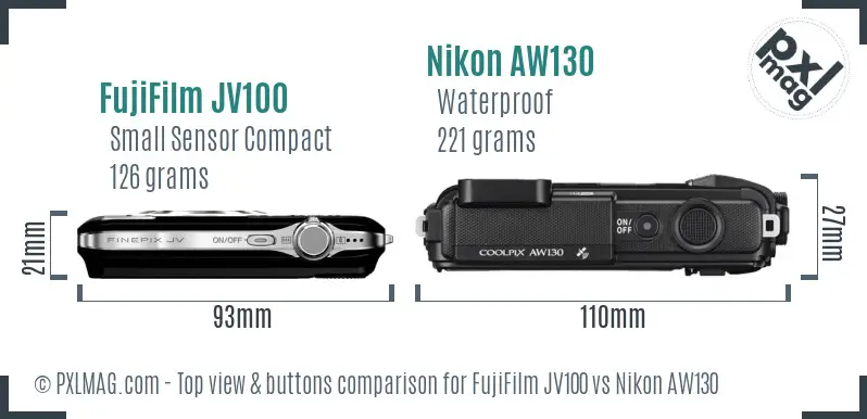 FujiFilm JV100 vs Nikon AW130 top view buttons comparison FujiFilm JV100 vs Nikon AW130 top view buttons comparison