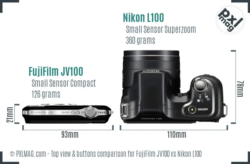 FujiFilm JV100 vs Nikon L100 top view buttons comparison