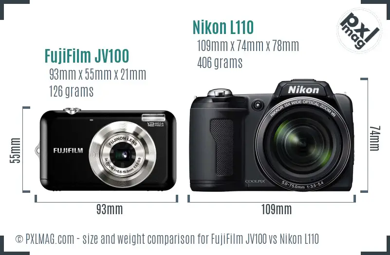 FujiFilm JV100 vs Nikon L110 size comparison