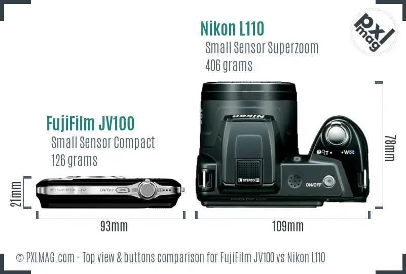 FujiFilm JV100 vs Nikon L110 top view buttons comparison
