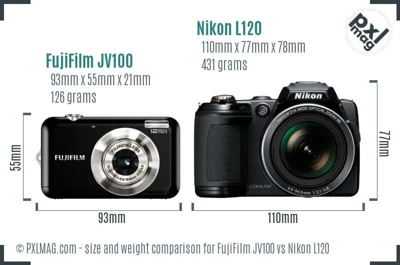 FujiFilm JV100 vs Nikon L120 size comparison