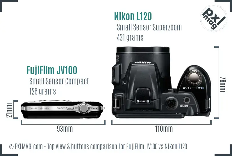 FujiFilm JV100 vs Nikon L120 top view buttons comparison