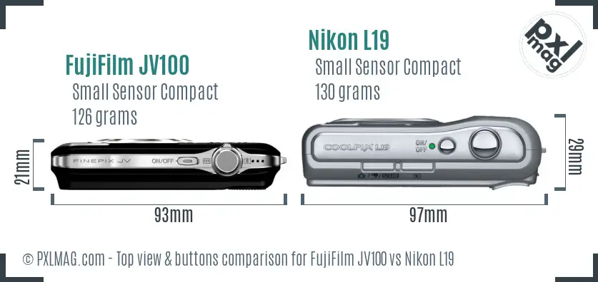 FujiFilm JV100 vs Nikon L19 top view buttons comparison