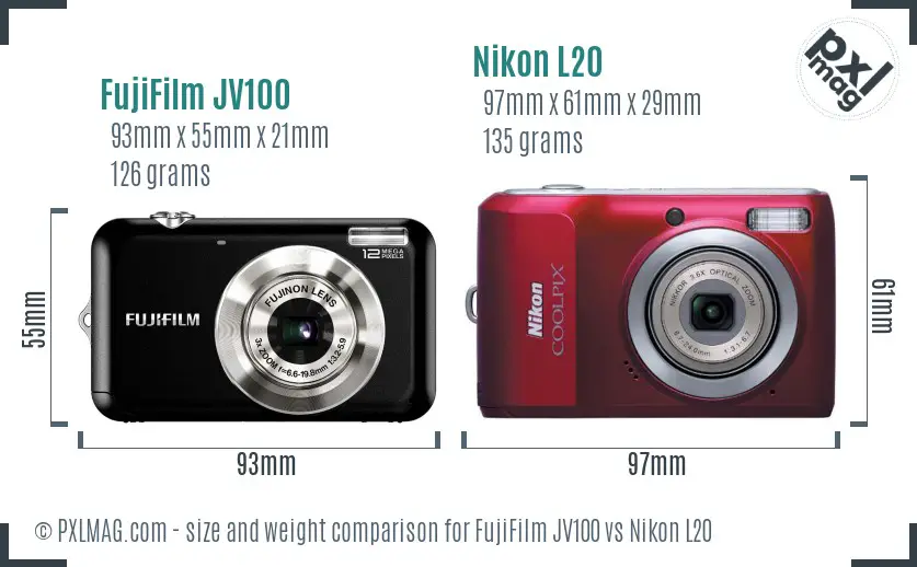FujiFilm JV100 vs Nikon L20 size comparison