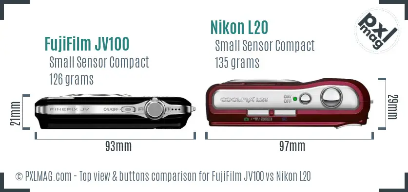 FujiFilm JV100 vs Nikon L20 top view buttons comparison