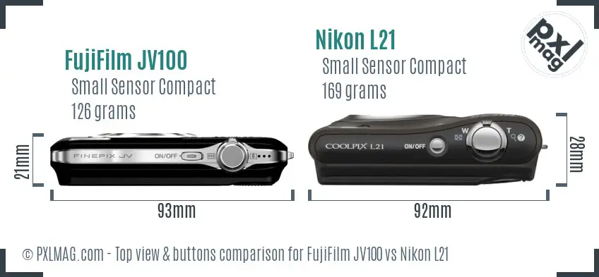 FujiFilm JV100 vs Nikon L21 top view buttons comparison