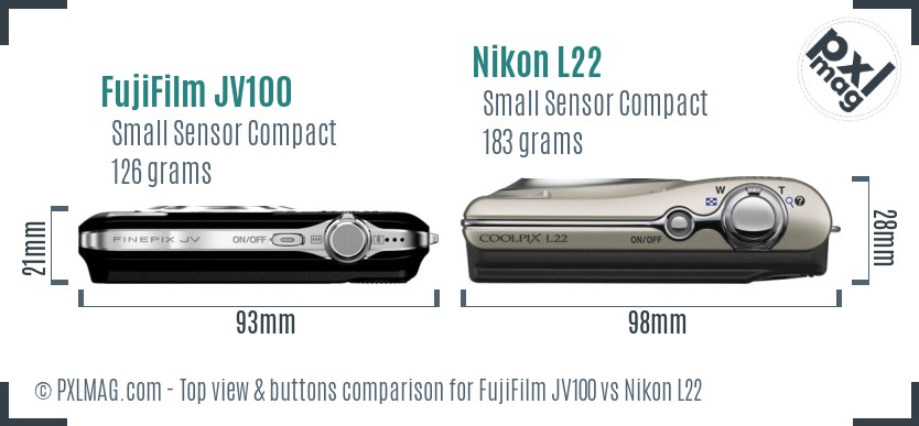FujiFilm JV100 vs Nikon L22 top view buttons comparison