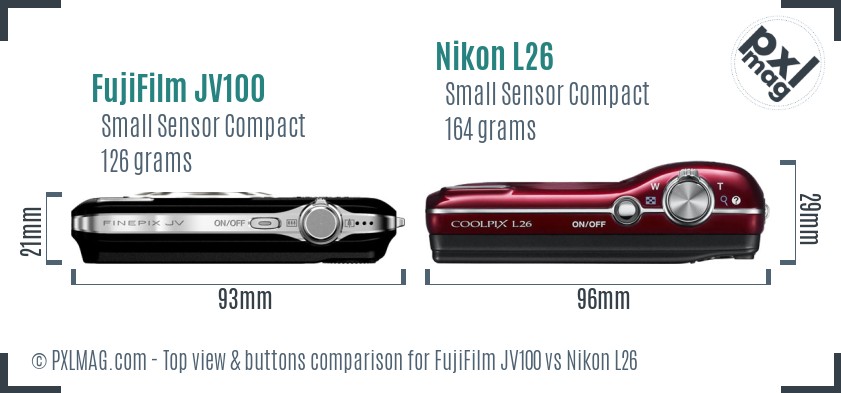 FujiFilm JV100 vs Nikon L26 top view buttons comparison