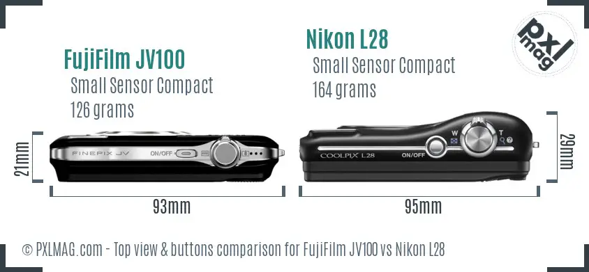 FujiFilm JV100 vs Nikon L28 top view buttons comparison FujiFilm JV100 vs Nikon L28 top view buttons comparison