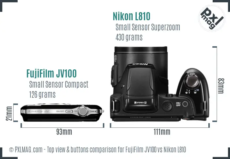 FujiFilm JV100 vs Nikon L810 top view buttons comparison FujiFilm JV100 vs Nikon L810 top view buttons comparison