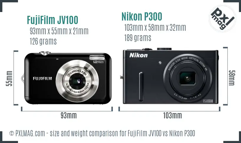 FujiFilm JV100 vs Nikon P300 size comparison FujiFilm JV100 vs Nikon P300 size comparison
