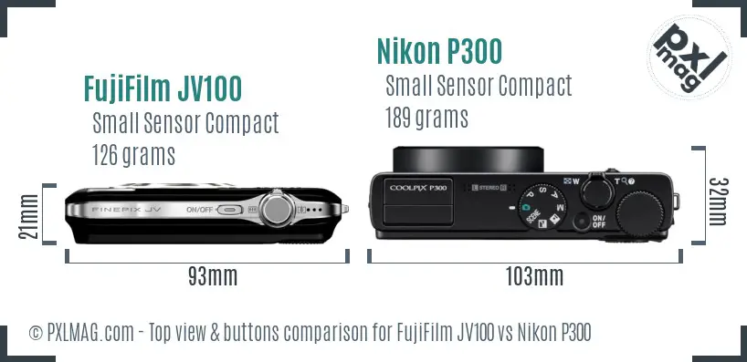FujiFilm JV100 vs Nikon P300 top view buttons comparison FujiFilm JV100 vs Nikon P300 top view buttons comparison