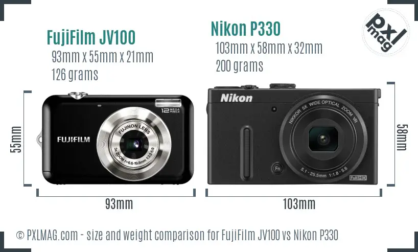 FujiFilm JV100 vs Nikon P330 size comparison