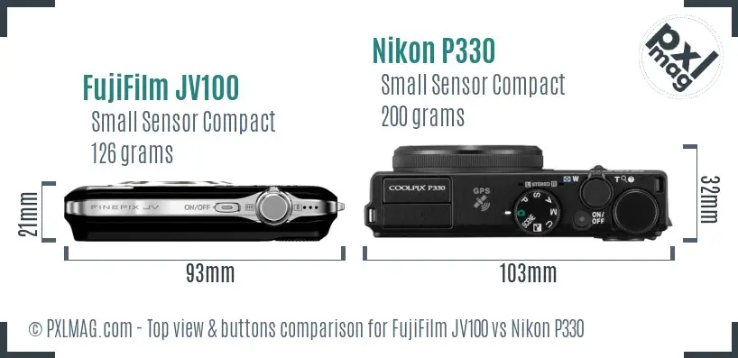 FujiFilm JV100 vs Nikon P330 top view buttons comparison