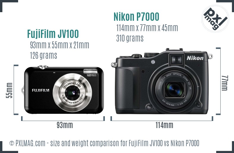 FujiFilm JV100 vs Nikon P7000 size comparison