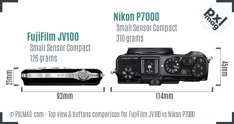 FujiFilm JV100 vs Nikon P7000 top view buttons comparison