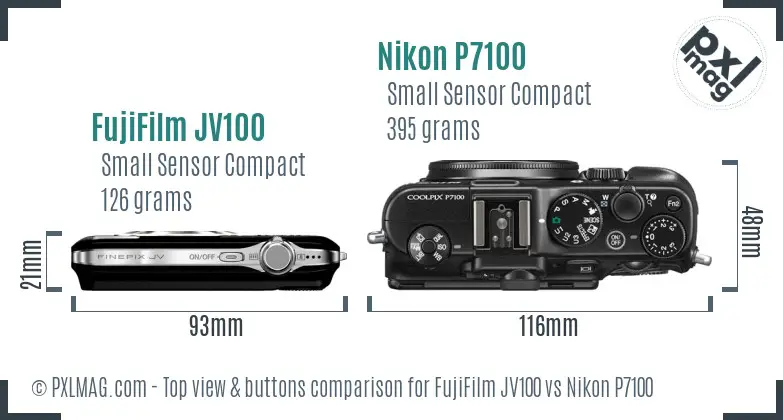 FujiFilm JV100 vs Nikon P7100 top view buttons comparison