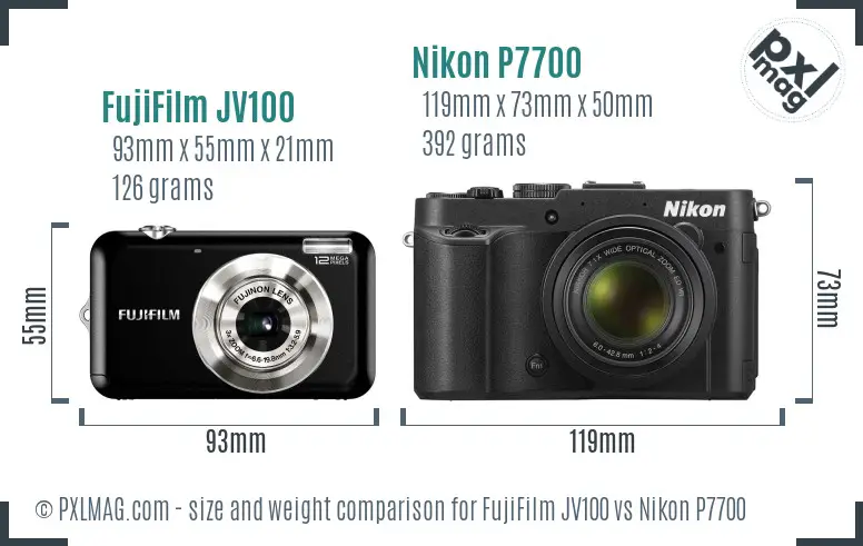 FujiFilm JV100 vs Nikon P7700 size comparison