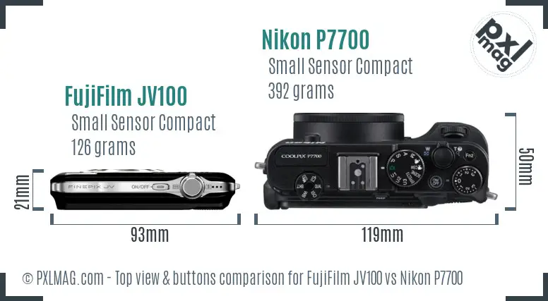 FujiFilm JV100 vs Nikon P7700 top view buttons comparison