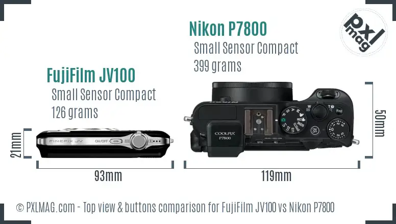 FujiFilm JV100 vs Nikon P7800 top view buttons comparison