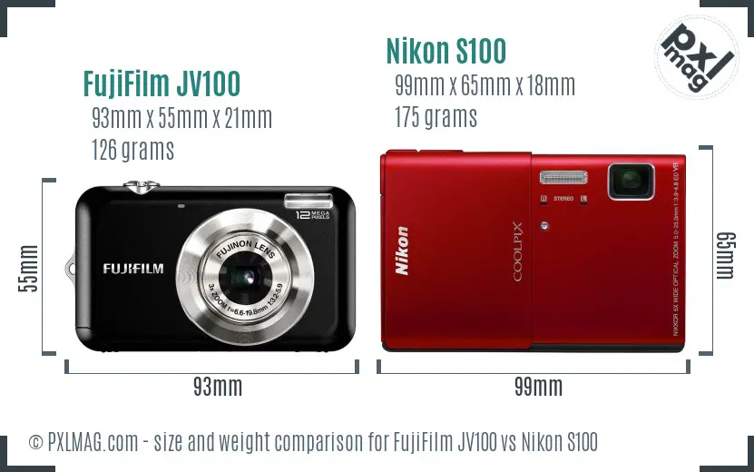 FujiFilm JV100 vs Nikon S100 size comparison