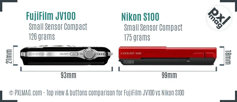 FujiFilm JV100 vs Nikon S100 top view buttons comparison