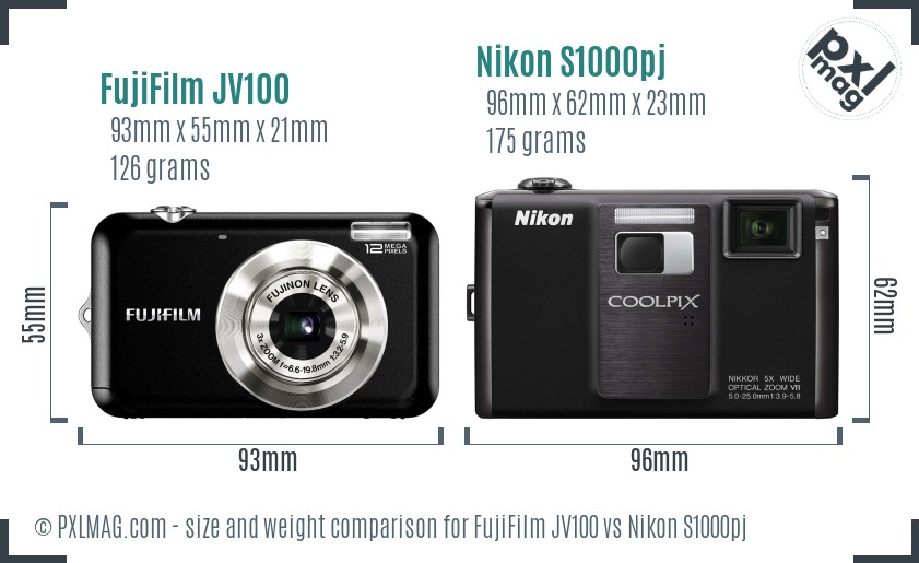 FujiFilm JV100 vs Nikon S1000pj size comparison FujiFilm JV100 vs Nikon S1000pj size comparison
