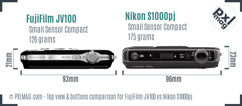 FujiFilm JV100 vs Nikon S1000pj top view buttons comparison